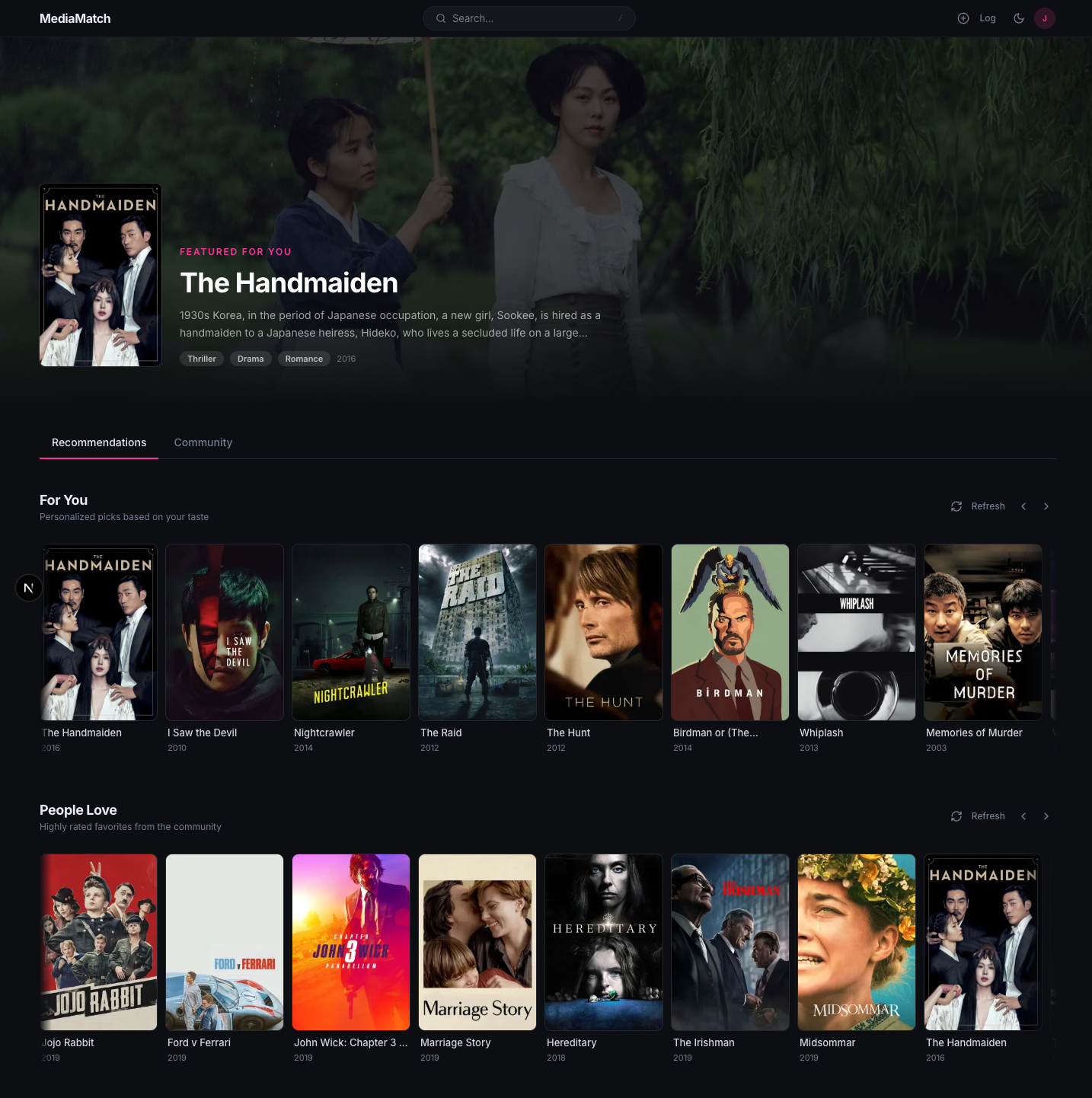 Full home feed: For You hero backdrop, For You rail, and People Love rail — scroll to see the whole feed