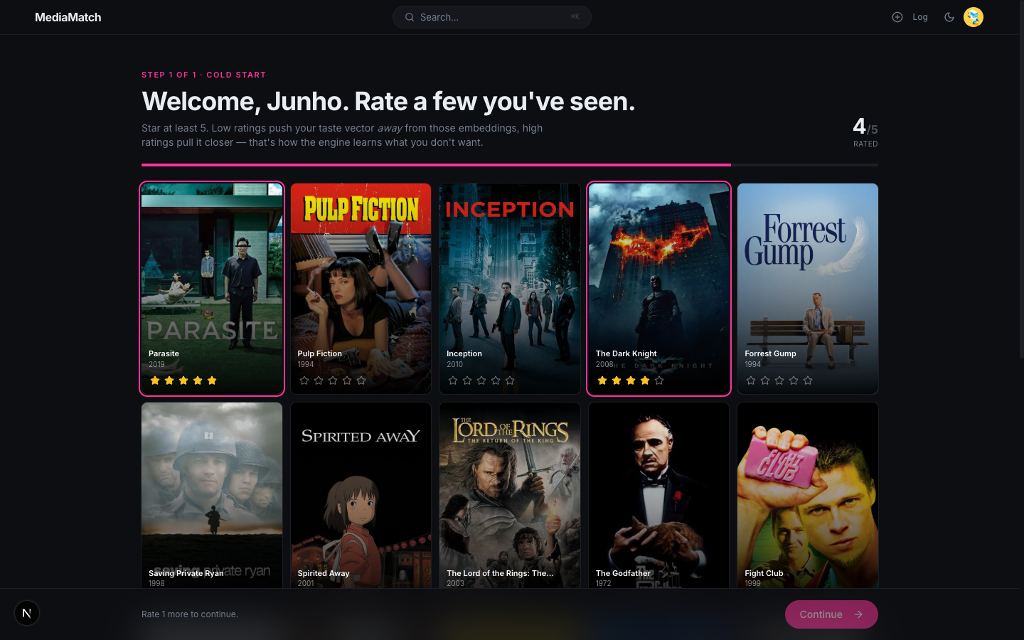 Cold-start onboarding: grid of forty curated titles across movies, TV, and books with inline one-to-five star ratings