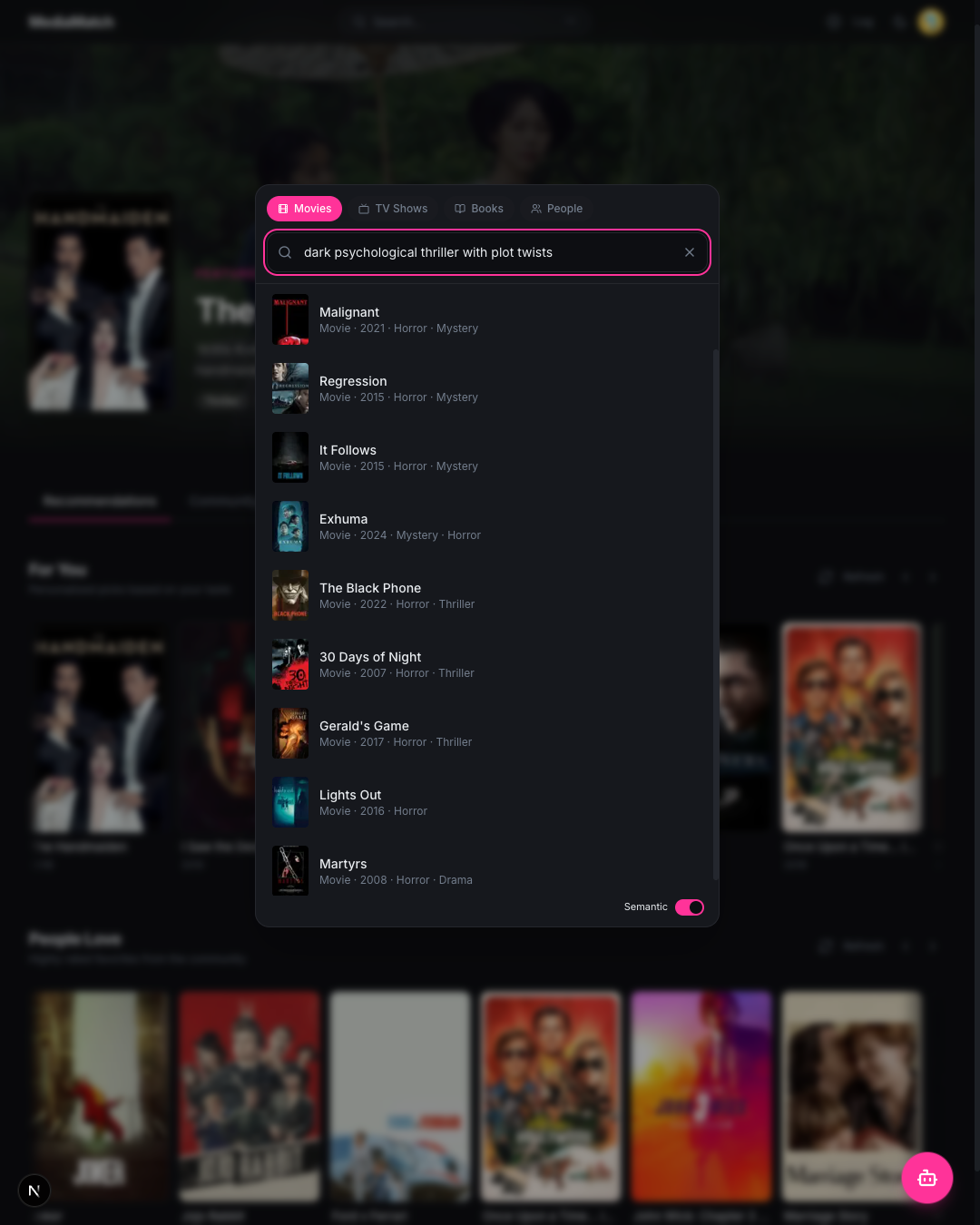 Cmd+K search overlay with a toggle between keyword and semantic search