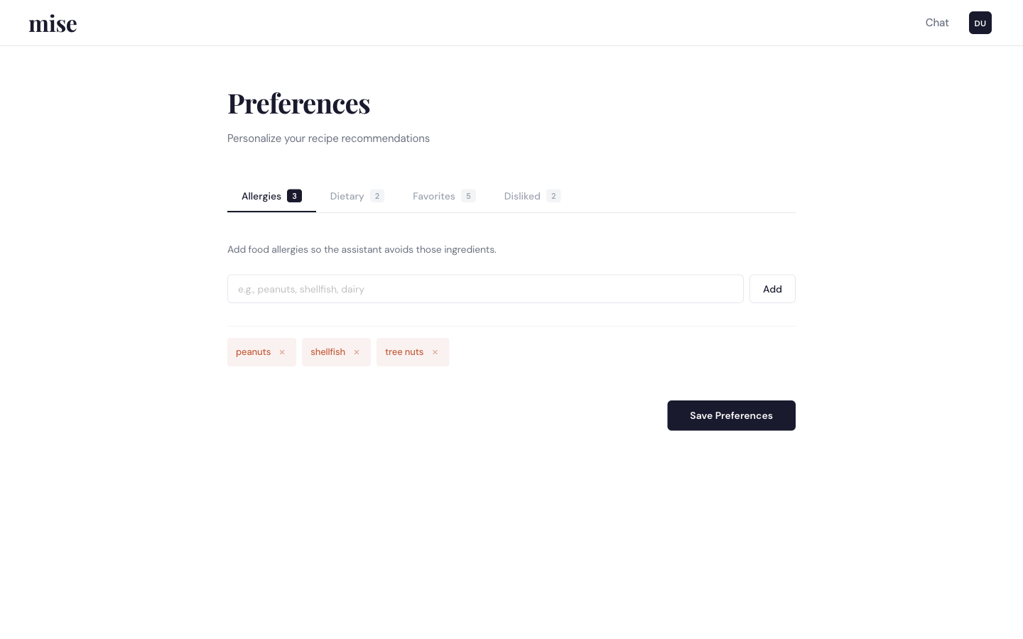 Preferences page with four tabs and pill-based input