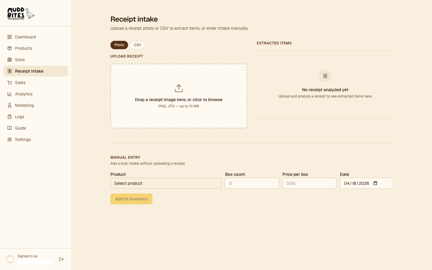 Intake page: receipt upload on the left, parsed line-item review with quantity, per-unit price, and box/unit badge on the right.